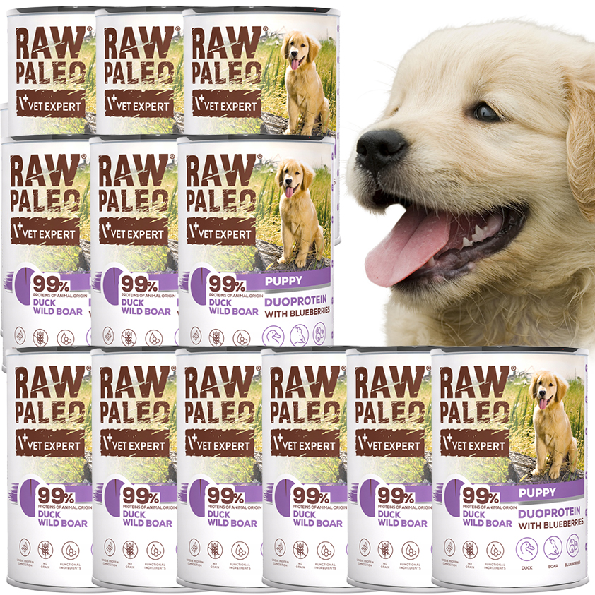 Zestaw Mokra karma dla szczeniaka psa Raw Paleo Puppy kaczka dzik 12x400