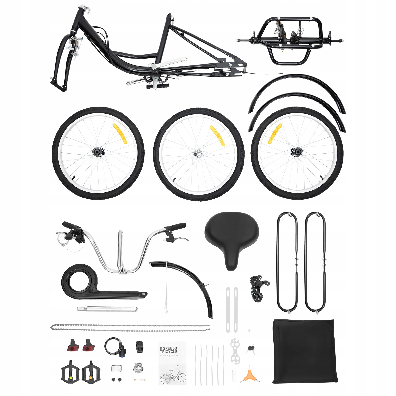 20-calowy czarny rower trójkołowy dla dorosłych 8-biegowy 3-kołowy rower trójkołowy na zakupy Szerokość produktu 66 cm