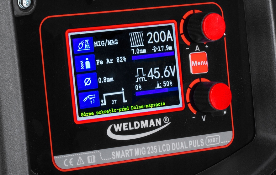 SPAWARKA INWERTOROWA INWERTER WELDMAN MIG 235 LCD DUAL PULS MMA TIG ALU 3W1 Czas cyklu pracy 60%