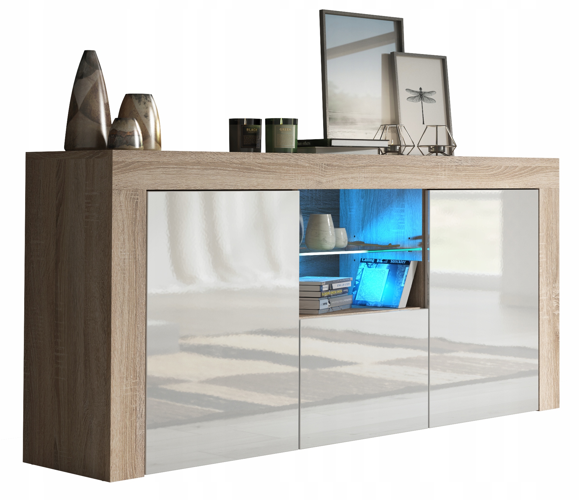 KOMODA STOLIK SZAFKA DĄB/BIAŁY POŁYSK RTV E111