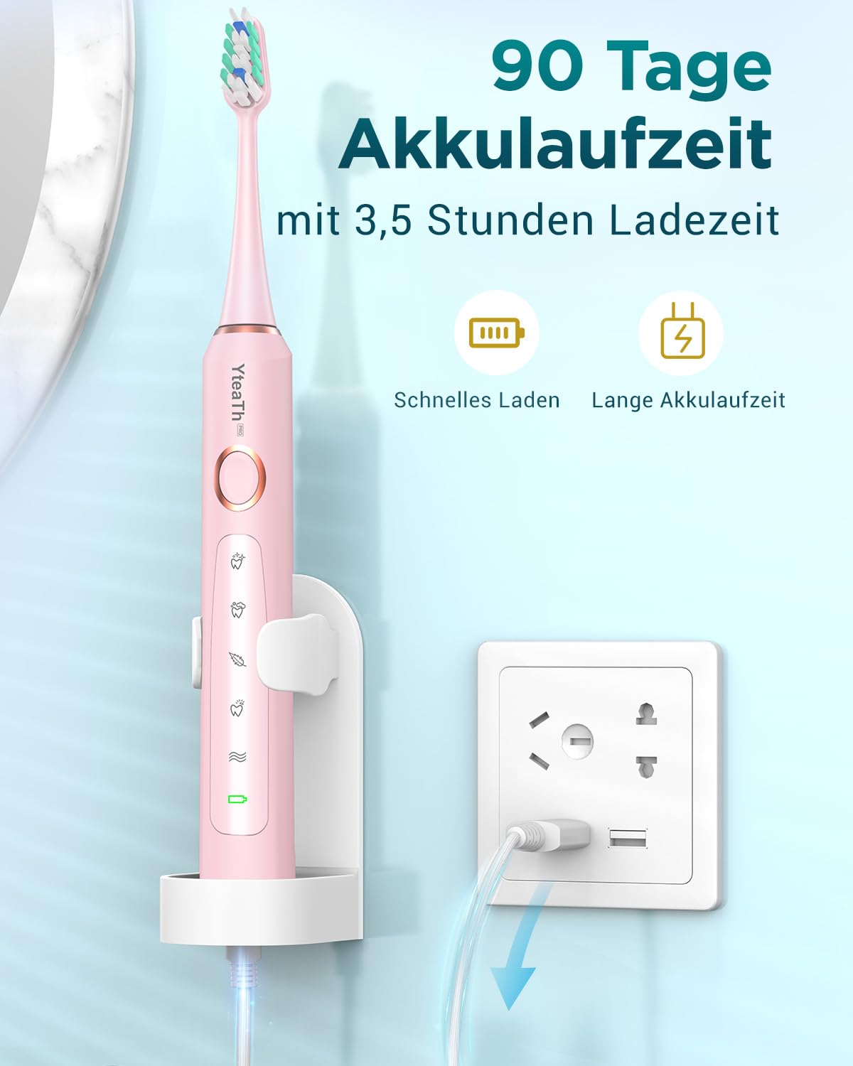 Elektryczna szczoteczka do zębów Różowa z 8 głowicami i 5 trybami 90 dni Pr — miniatura 3
