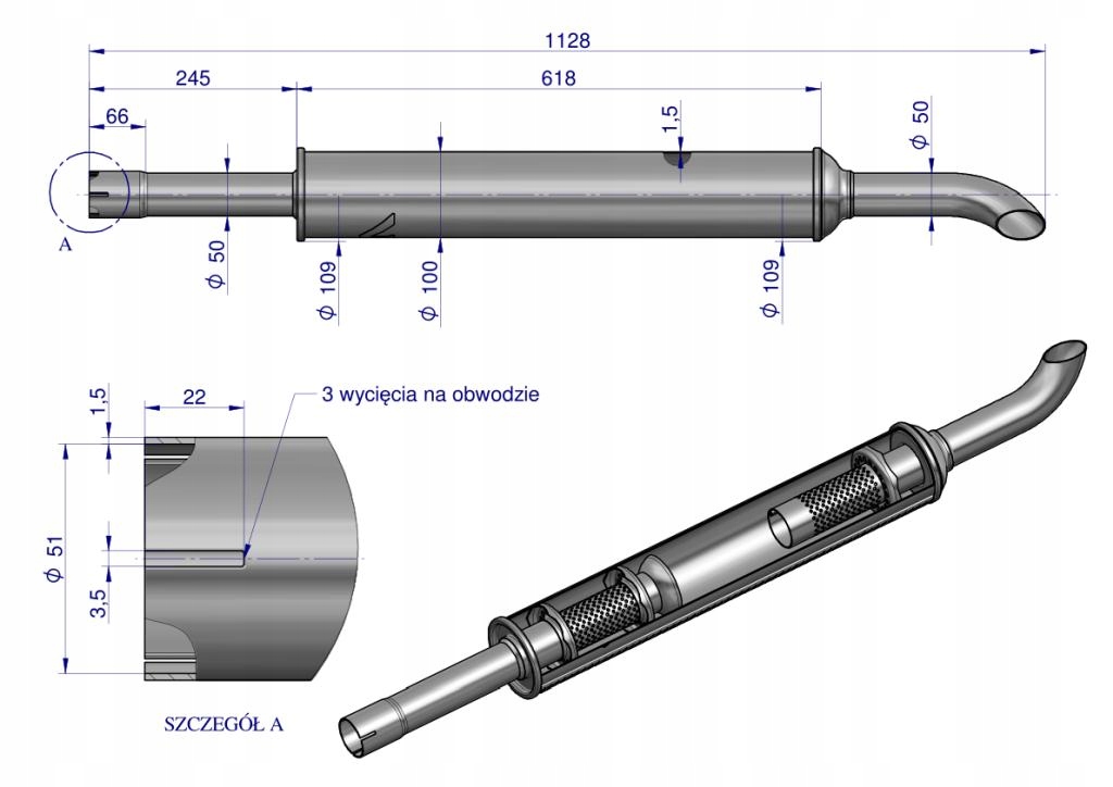 Tłumik 1128mm 3029104M1 4.8kg MF3 C-3603P INOX WARYŃSKI Producent części Waryński