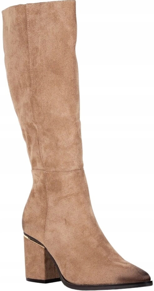 Kozačky Na Podpatku, Teplé Až Ke Kolenům, Béžové, Semišové