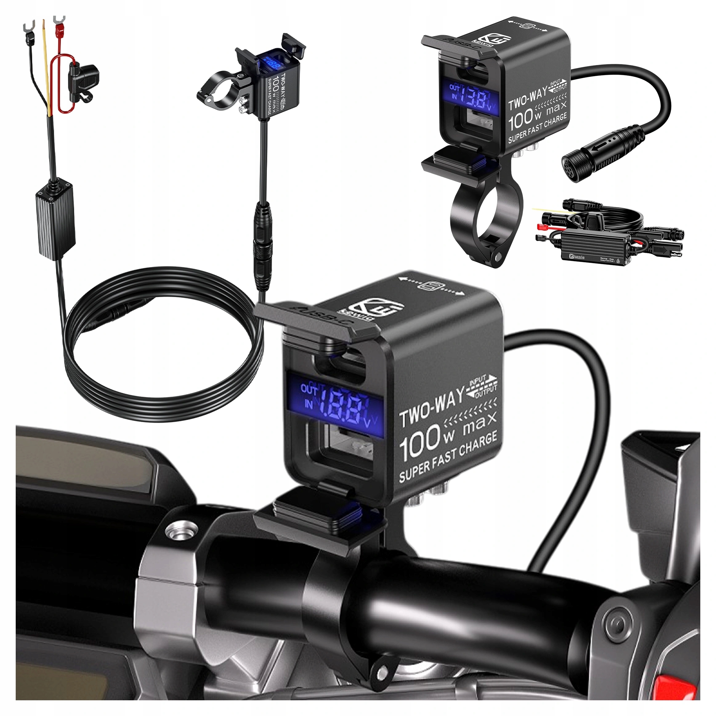 Motocyklová nabíjačka Qc Kewig 100W Qc – Usb-a, Usb-c, Led voltmeter