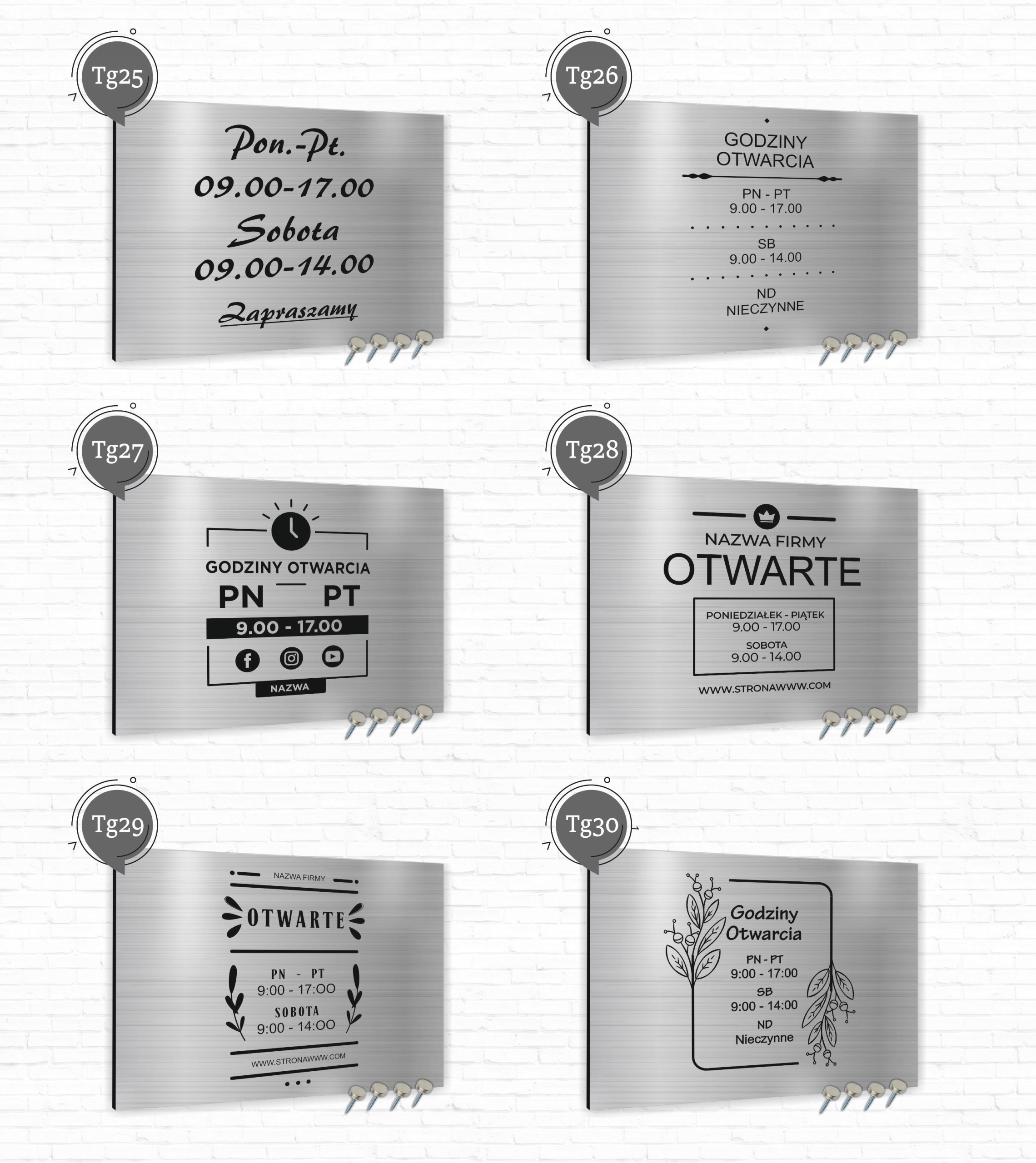 Tabliczka dibond srebrna - ZAPRASZAMY 30x20 cm GODZINY OTWARCIA NAZWA LOGO Rodzaj tablicy drukowane