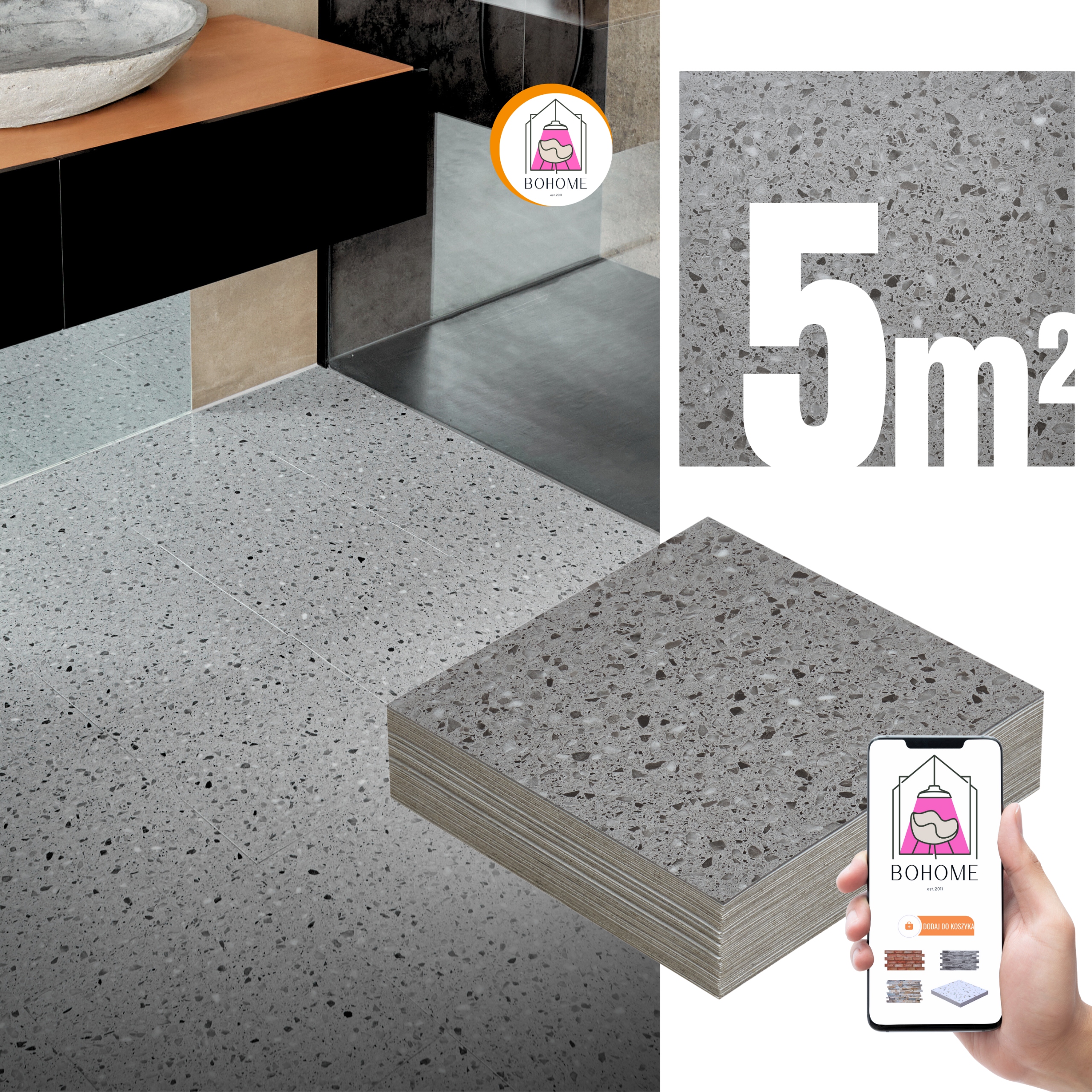 Płytki Winylowe Samoprzylepne 5m² Szare Lastryko Kwadr* Kafelki Kamień Gres
