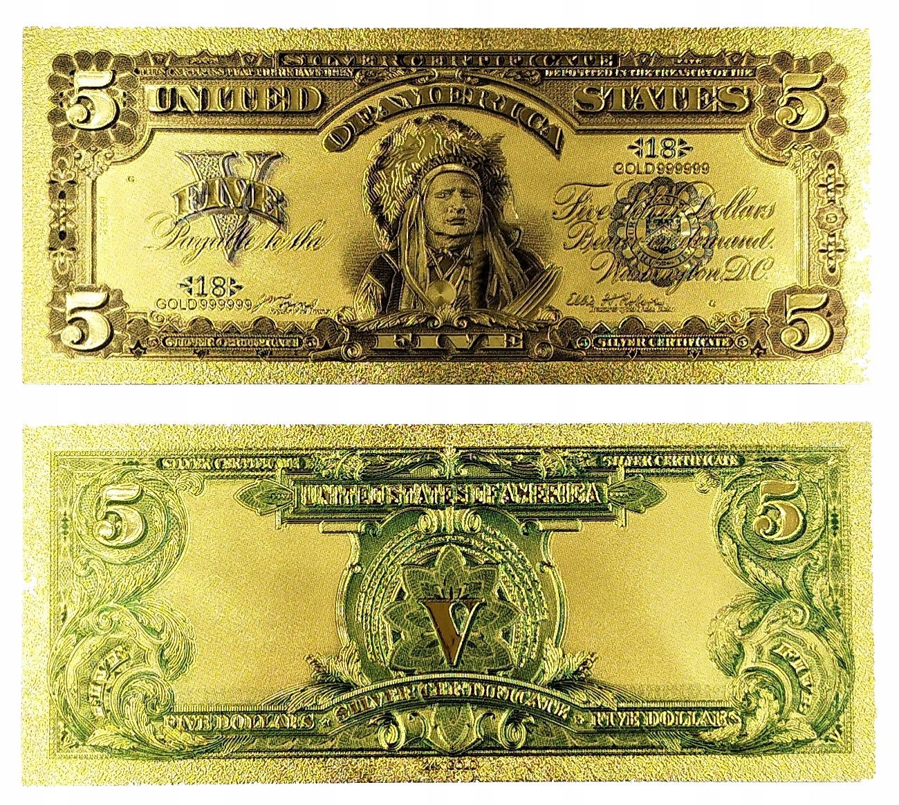 Pozłacany Banknot Kolekcjonerski Five Dollar 1899