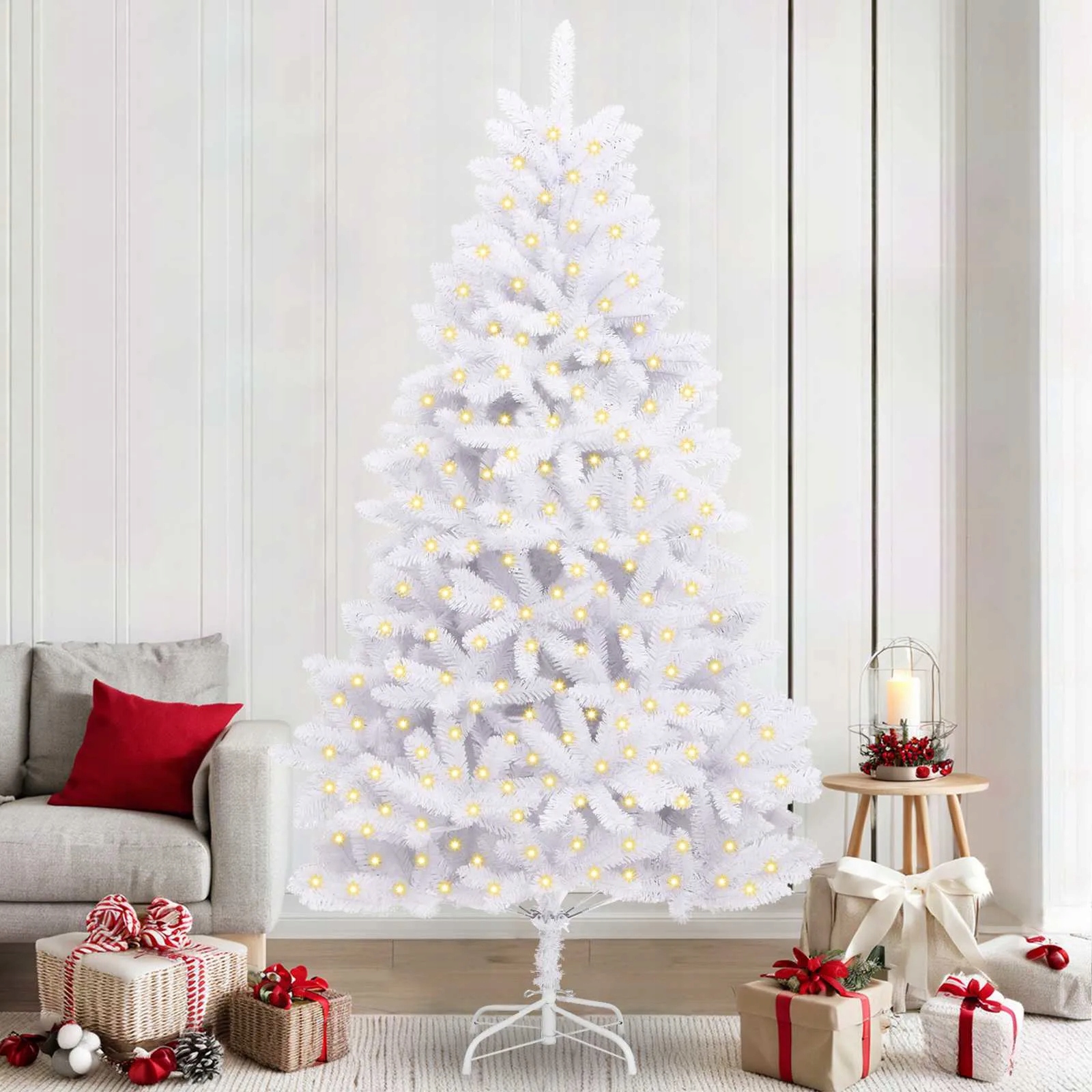 vidaXL Umělý vánoční stromeček s 300 Led diodami Bílá 240 cm Pvc a kov