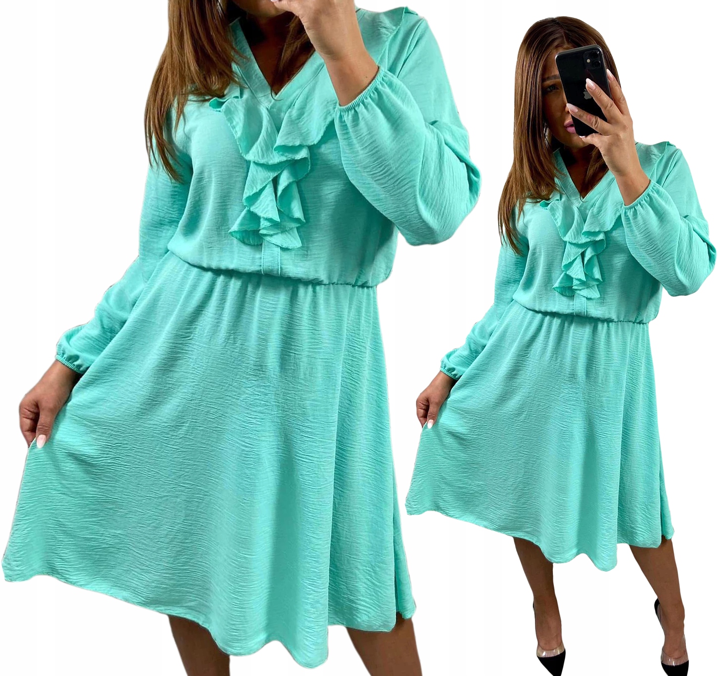 Šaty Elegantní MIDI s Žabákem Bez vzorů Zelená Glamour velikost 46