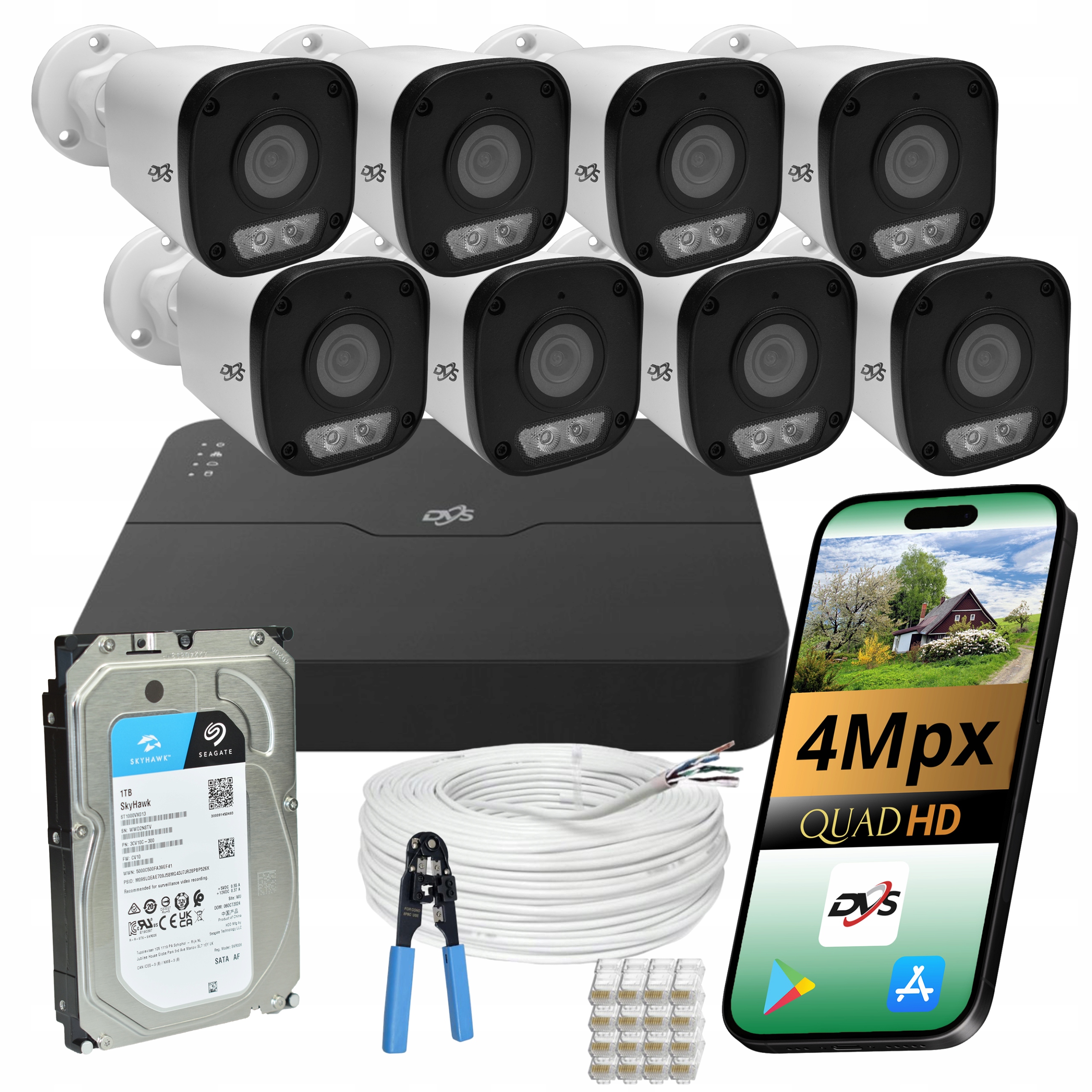 Kompletní monitorování Ip PoE 8 kamer 4Mpx Ir Led s 1TB diskem pro venkovní použití