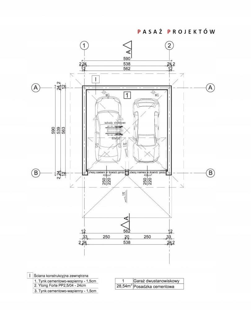 PROJEKT GARAŻU DWUSTANOWISKOWEGO G24-NA ZGŁOSZENIE Długość 5.9 m