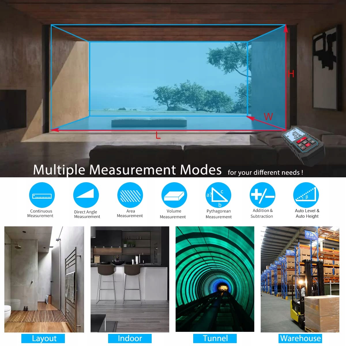 MiLESEEY Dalmierz Laserowy 70M Z Czujnikiem Nachylenia LCD 2" Bateria — miniatura 7
