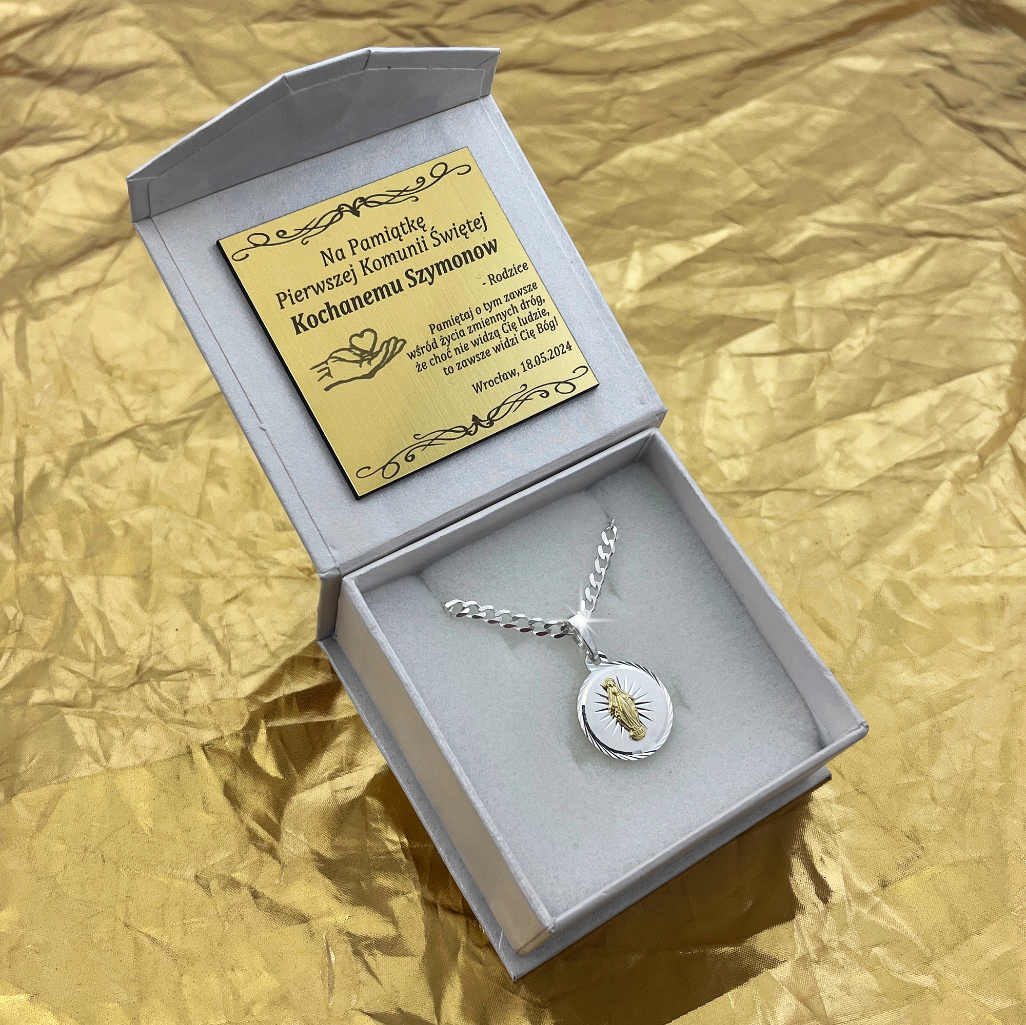 SREBRNY NASZYJNIK PANCERKA MEDALIK MATKA BOSKA + GRAWER NA KOMUNIĘ CHRZEST Marka Golden Celebrity