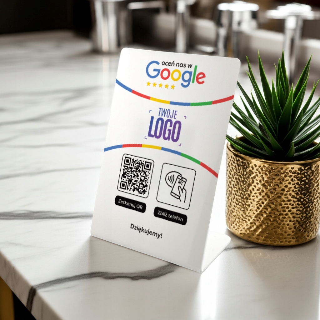 Stojak NFC QR stand prezenter gięty tabliczka do opinii Google z LOGO FIRMY
