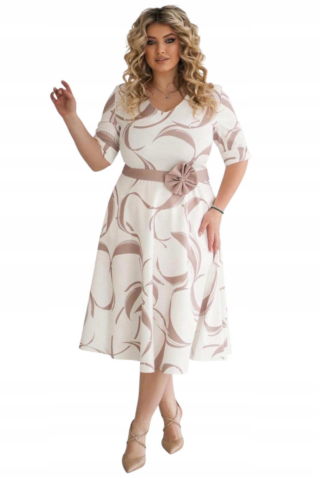 sukienka z paskiem 7/8, Plus Size, biało beżowa, rozmiar 44