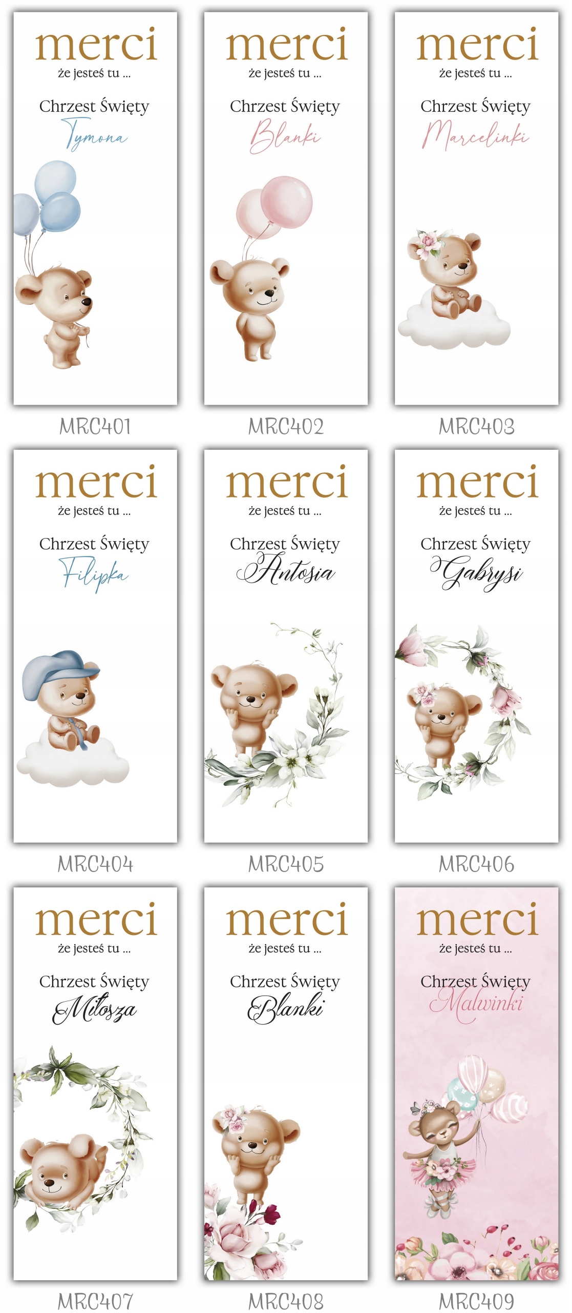 Podziękowanie dla gości MERCI na chrzest 5 szt Rodzaj słodycze