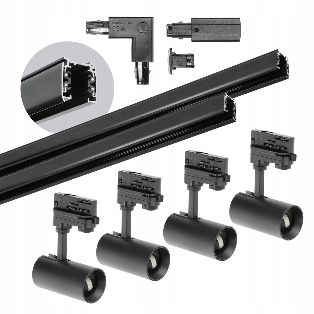 Sada kolejnicové osvětlení 2 m+1 m spínač 4 lampy napájení krytka