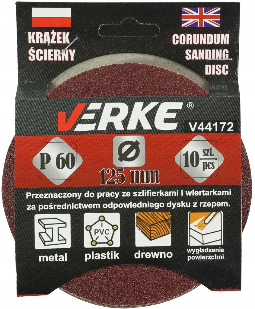 PAPIER ŚCIERNY KRĄŻKI NA RZEP SAMOPRZYLEPNE DO SZLIFIERKI 125mm P60 10sztuk Kod producenta V44172
