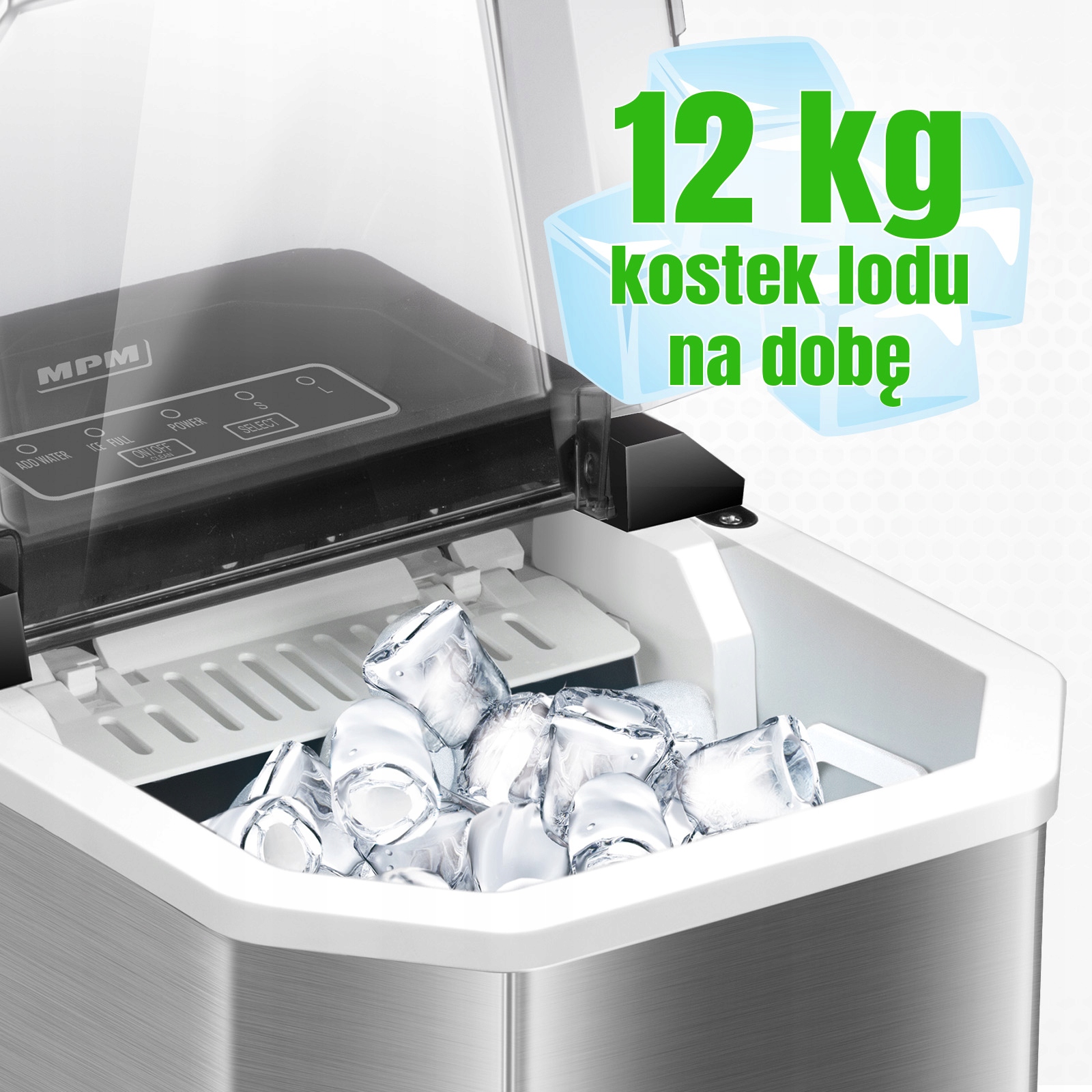 Kostkarka do lodu duża srebrny/szary inox uchwyt MPM MKD-04M 150W Stan opakowania oryginalne