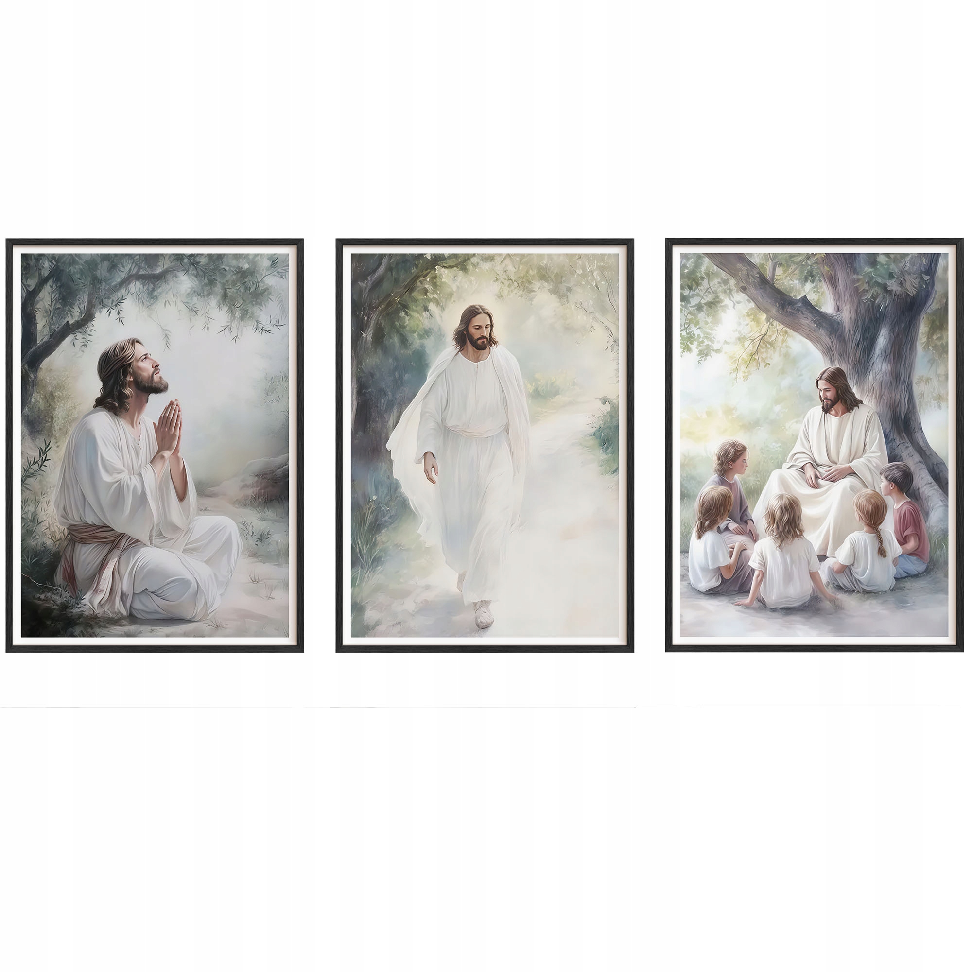 Obrazy Jezus Religijne Sceny Plakaty Ramki Drewniane Czarne 3szt 30x42 cm