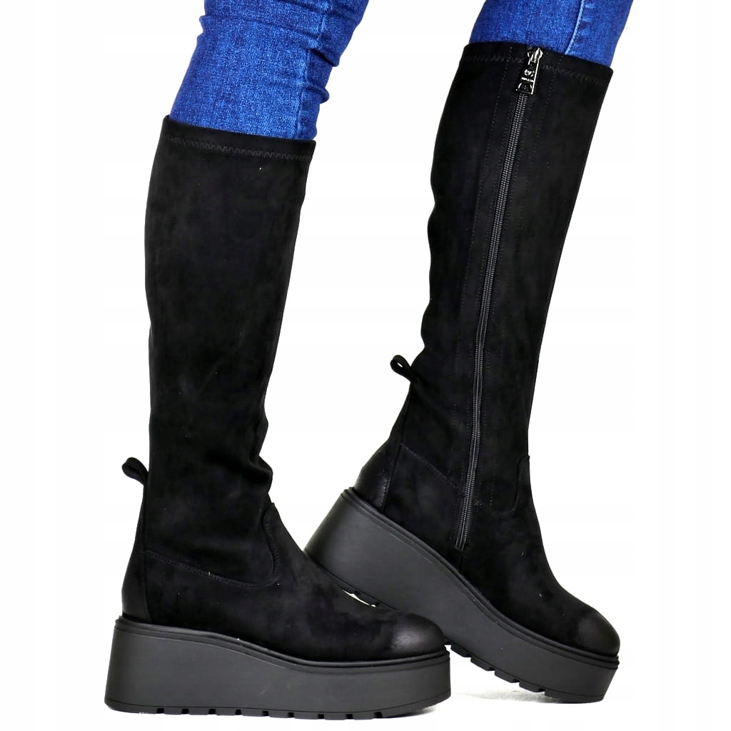 Černé Semišové Kozačky Ke Kolenům Na Platformě, Pohodlné Zimní Boty