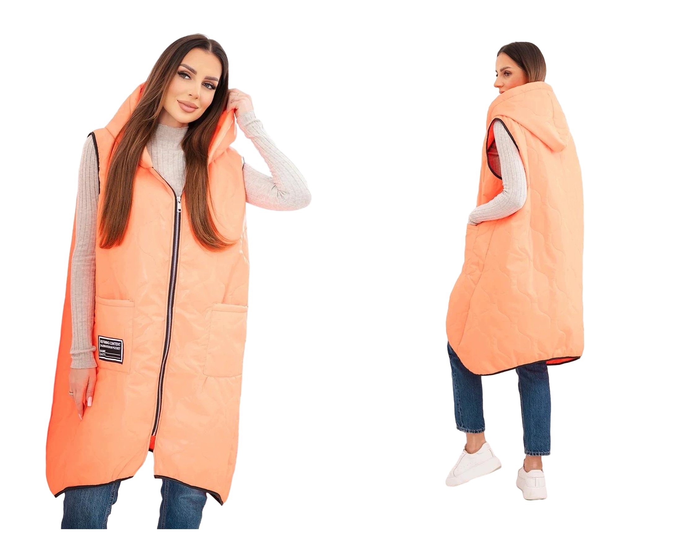 Dámská dlouhá prošívaná vesta s kapucí plus size oranžová neonová