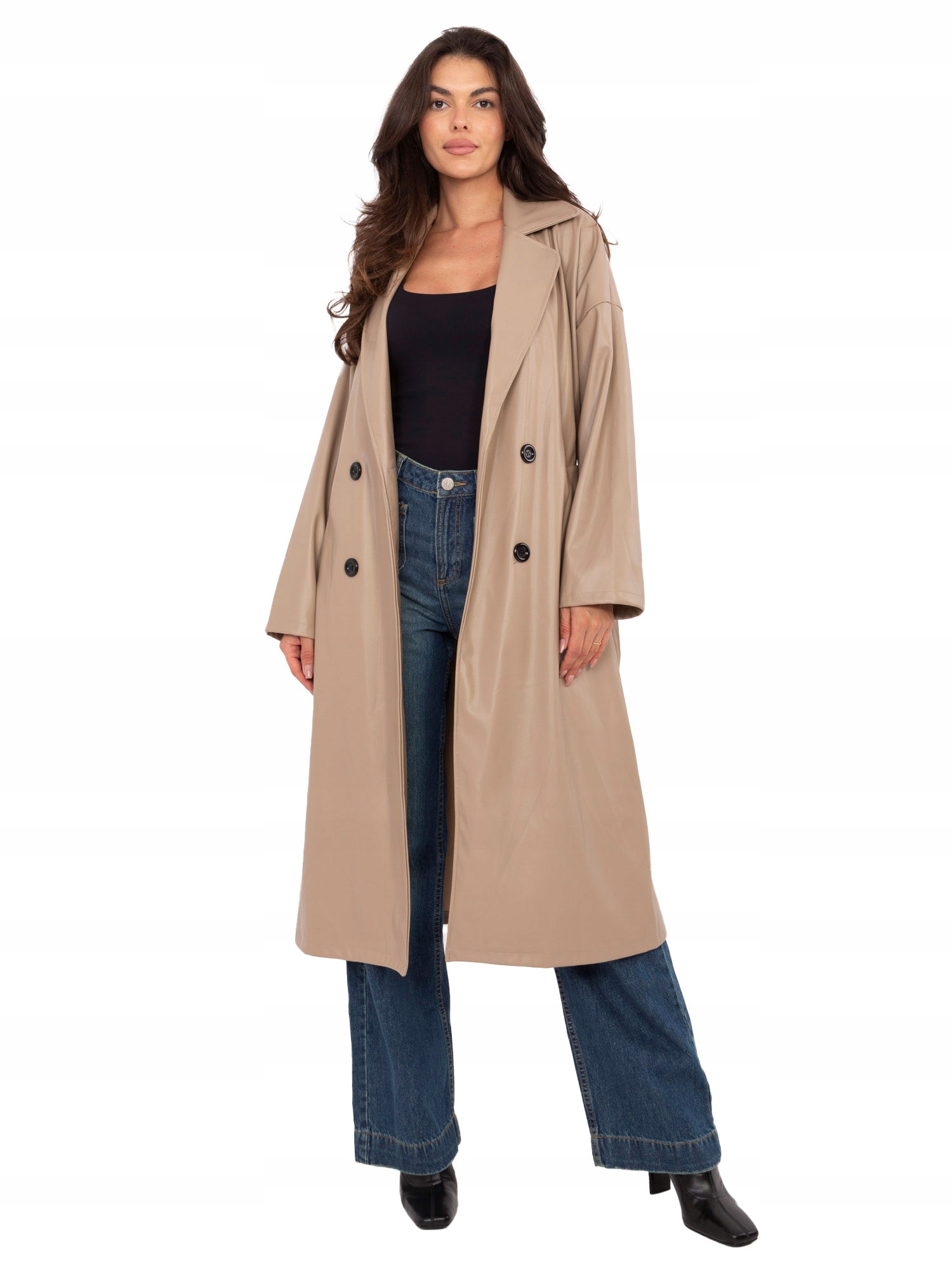 Płaszcz Damski Skórzany Dwurzędowy Gładki Za Kolana Z Paskiem