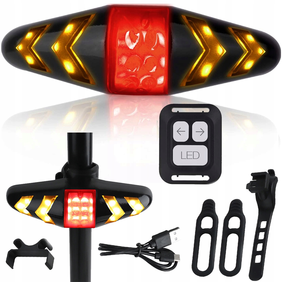 LAMPKA ROWEROWA TYLNA KIERUNKOWSKAZY NA PILOT oświetlenie światło do roweru Czas pracy 4 h