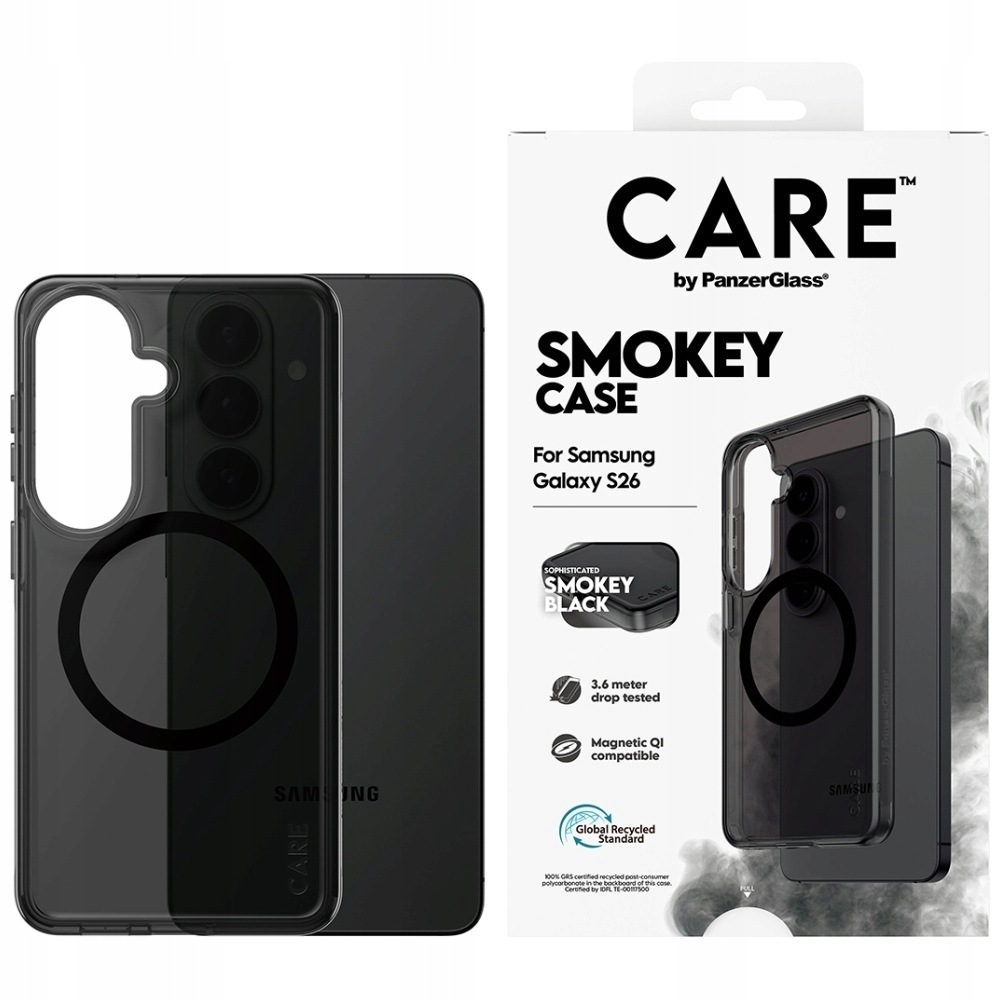 Pouzdro Care by PanzerGlass Urban Explorer, barva Smokey (kouřová) s černým rámečkem a podporou bezdrátového nabíjení Qi pro Samsung