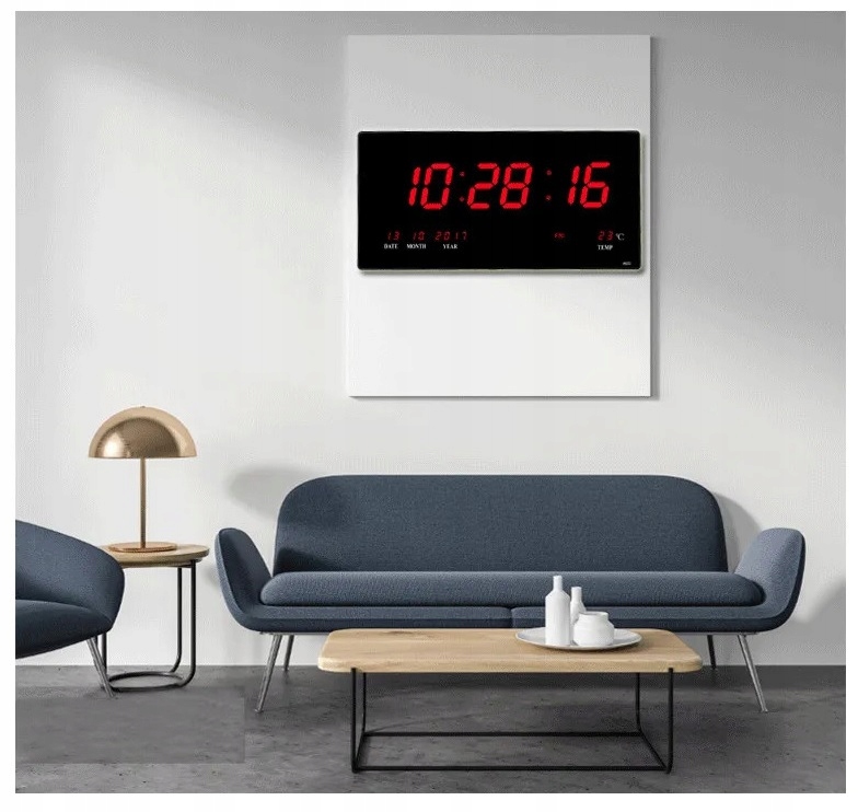 ZEGAR ŚCIENNY DUŻY LED CICHY ELEKTRONICZNY CYFROWY TEMPERATURA DATA 45cm Kolor czarny