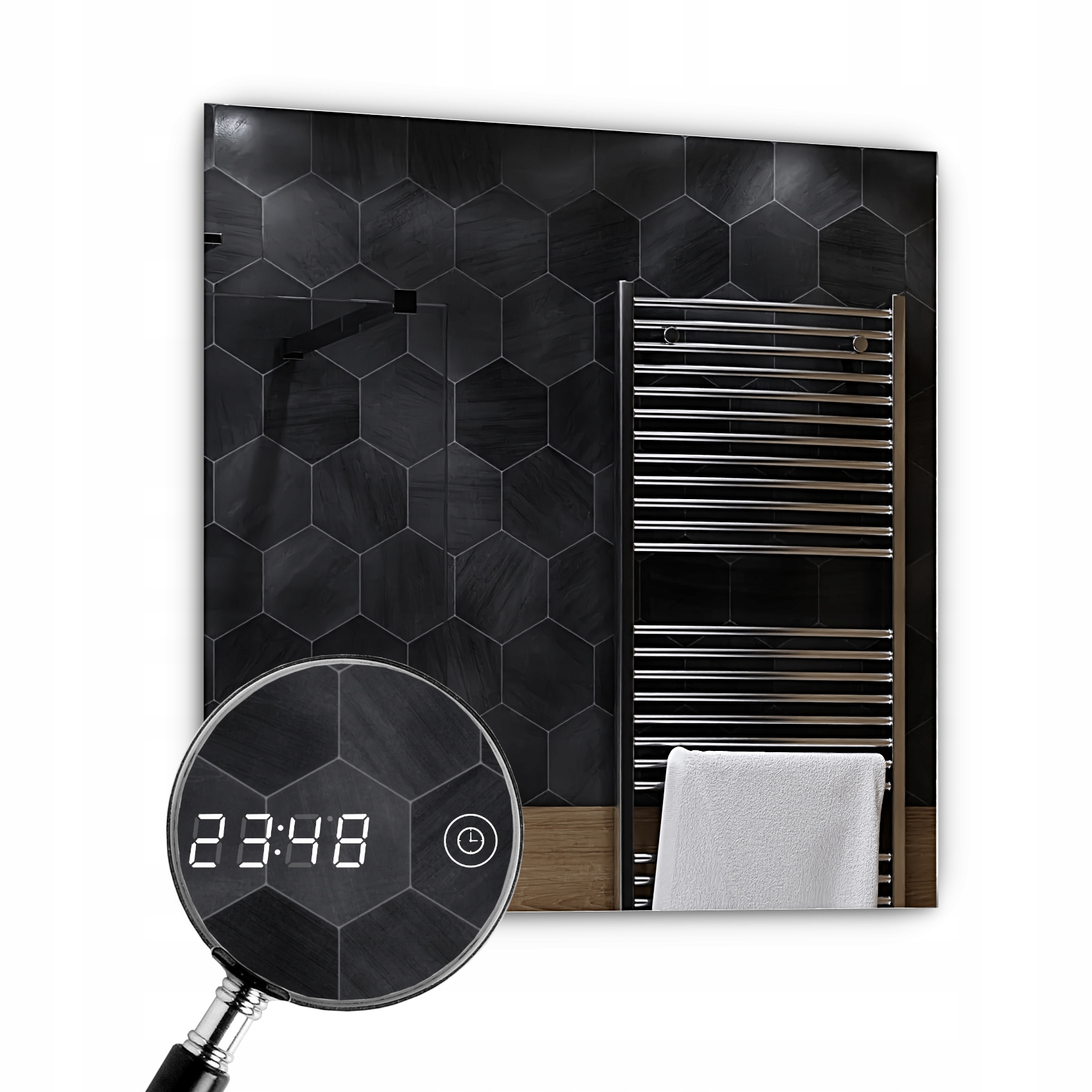 Zrkadlo s Led 60 x 60 cm Dubai Dotykové hodinky