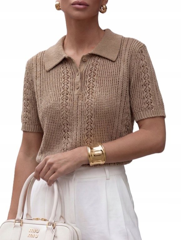 Cocomore Yarn Premium Ažurová mikina s límcem Polo Hnědá Latte