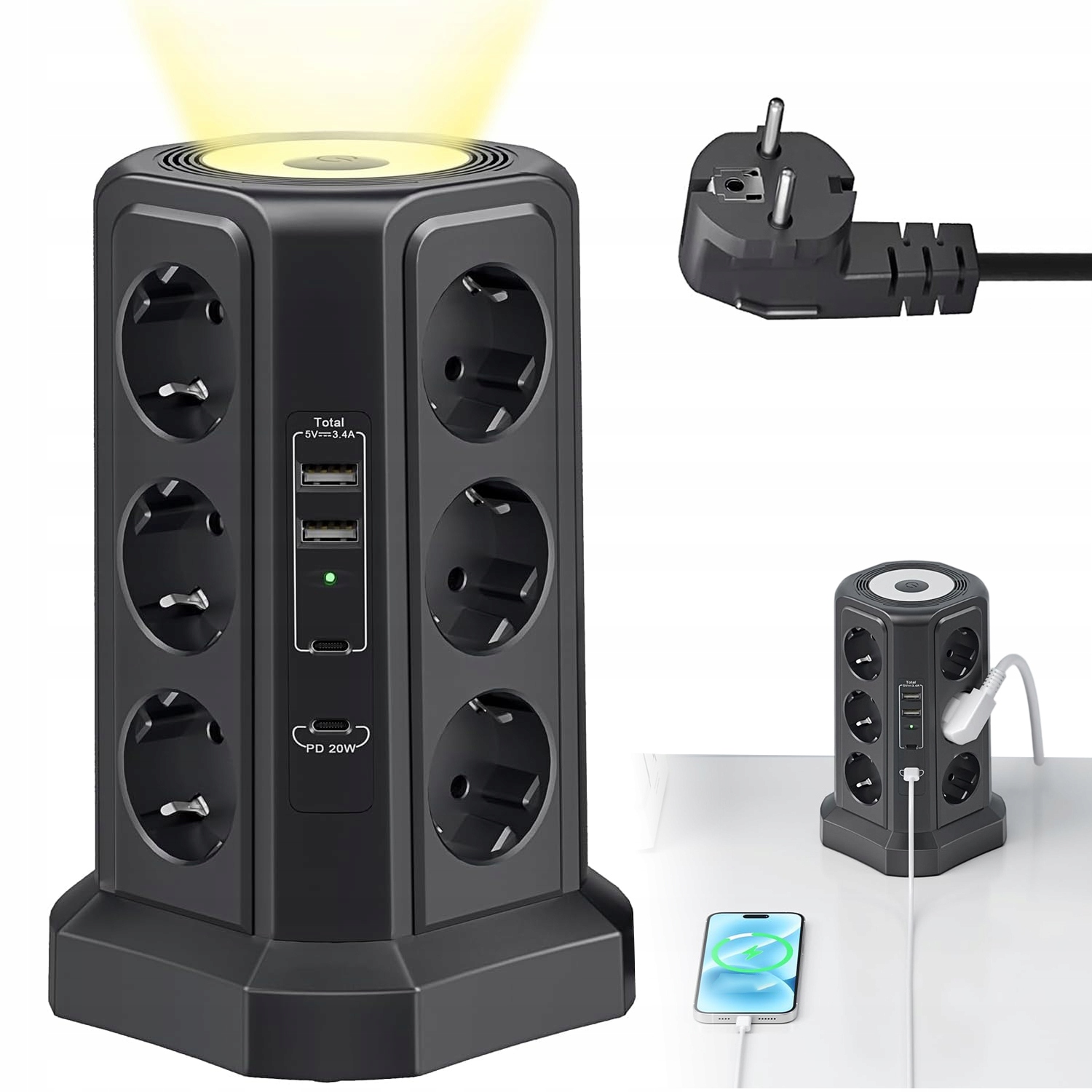 Zásuvková Lišta Prodlužovací Kabel 12 Zásuvek 2 Usb-a Typu C Lampička Pro Domácí Kancelář