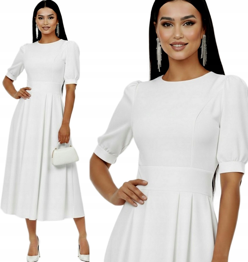 šaty na svatební hostinu Večerní koktejlové Elegantní šaty s bufíky Midi Ecru XL