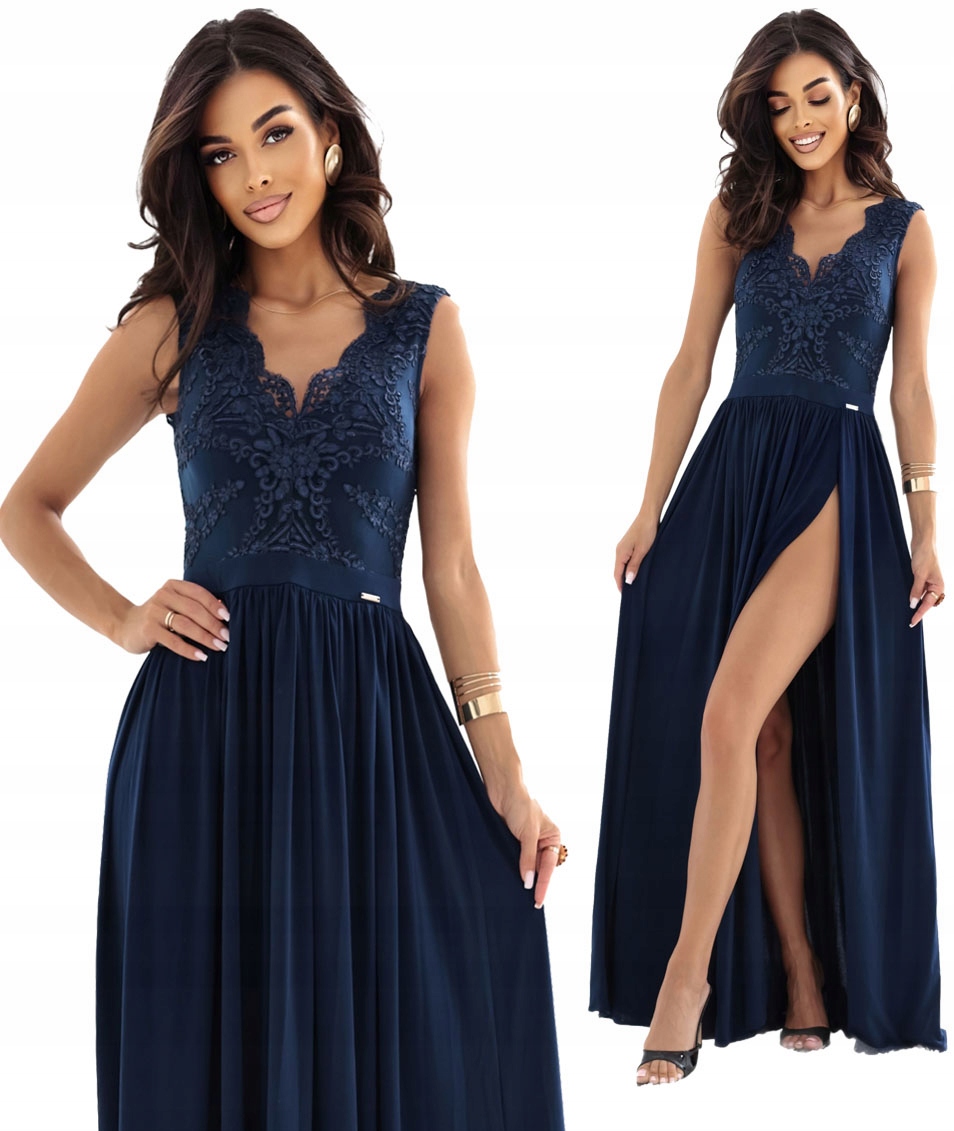 Dlouhá Večerní Sukně S Krajkou, Vyšívaná Bez Rukávů, Tmavě Modrá