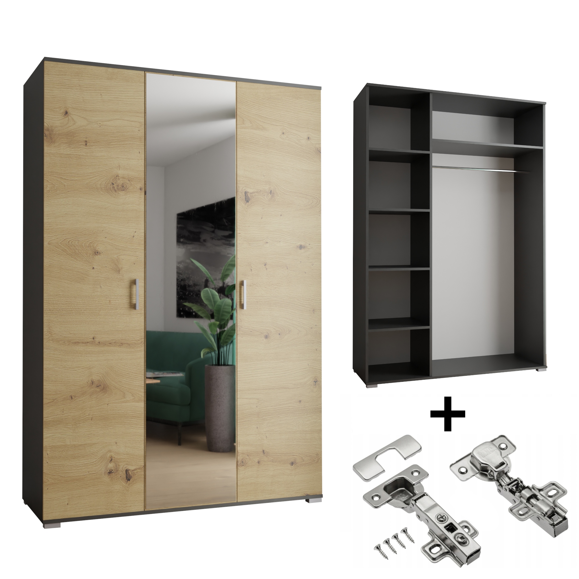 Skříň 3-D 120 x 192 x 51 cm Černá Artisan Zrcadlo S Tlumením Dovírání