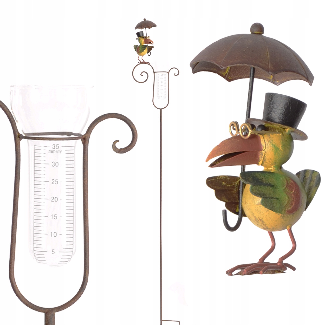 Deszczomierz ogrodowy 150 cm z ptakiem w cylindrze i parasolem