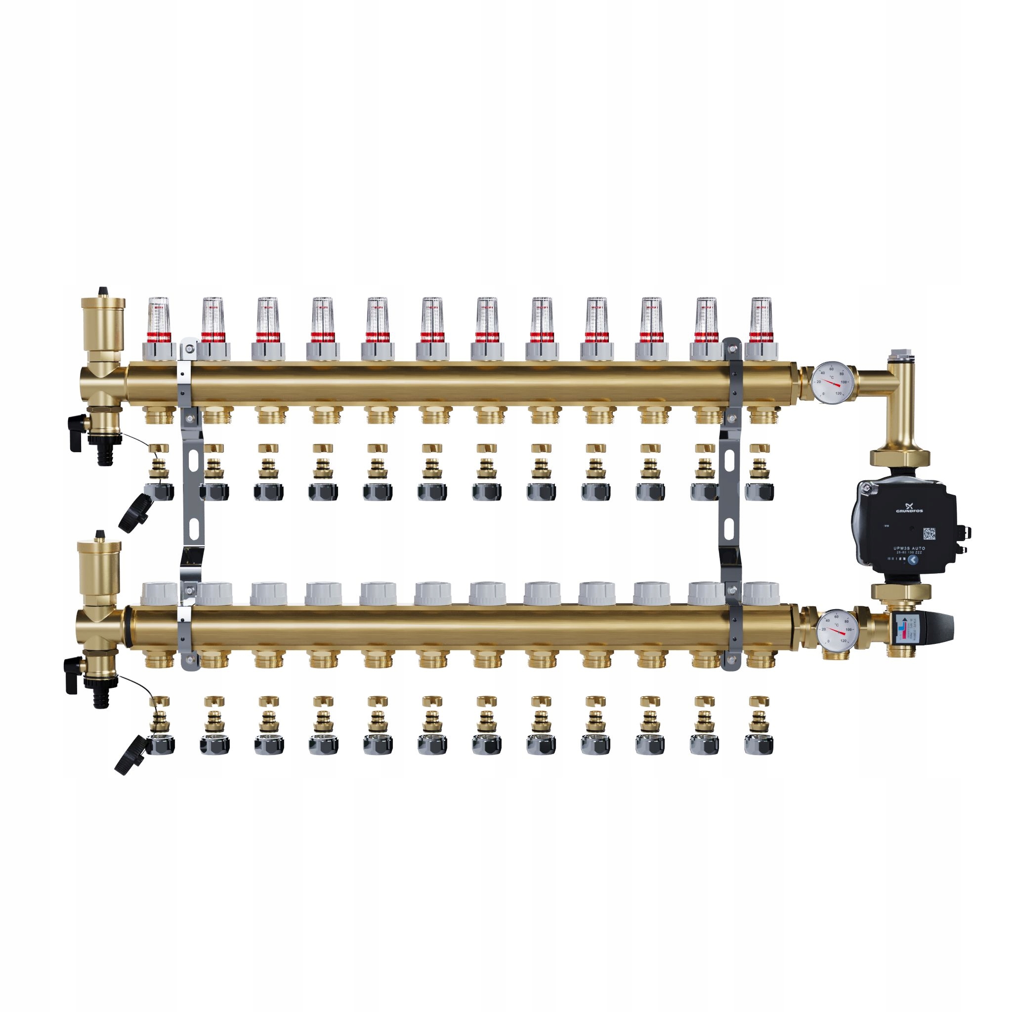 Rozdělovač pro podlahové topení 12 sekcí a Spojky Pex+pompa Grundfos