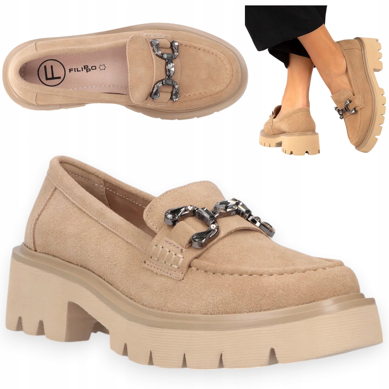 Dámské kožené polobotky Filippo Elegantní mokasíny Lordsy Béžové 40 módní