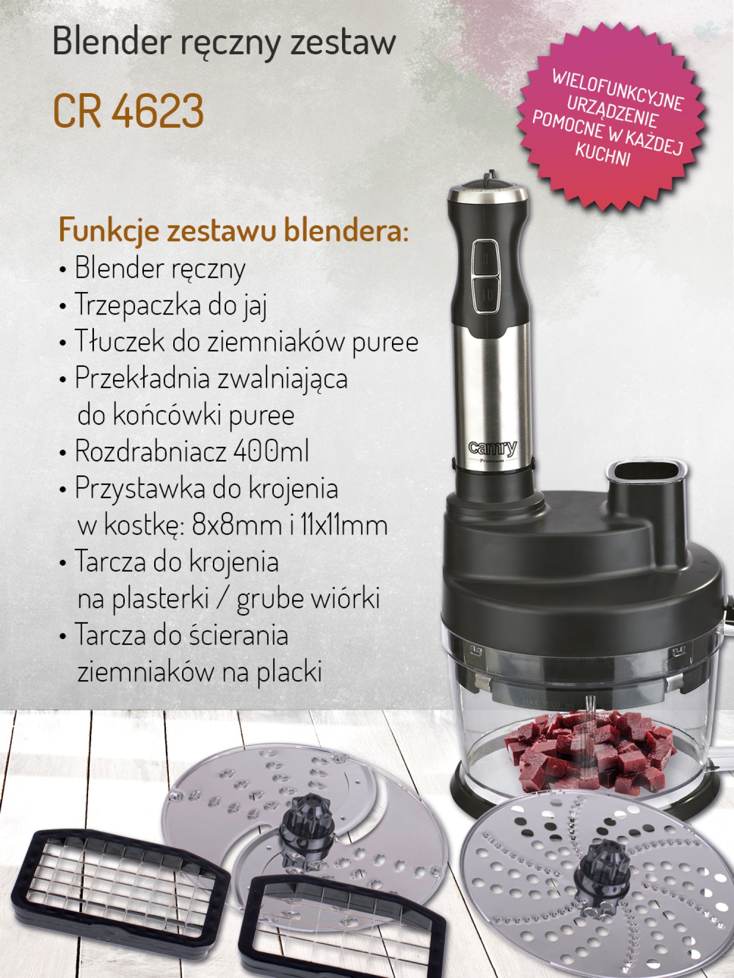 Blender Ręczny 1600W CR4623 Zestaw z Rozdrabniaczem i Akcesoriami
