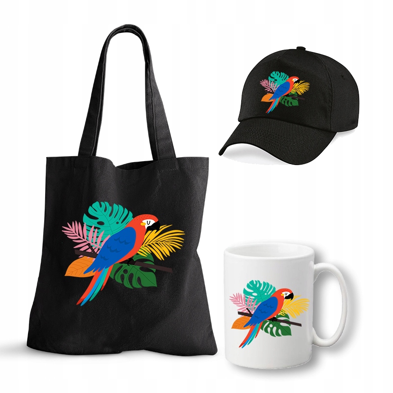 

Zestaw Torba Czapka Czarna Kubek Biały Papugi 07