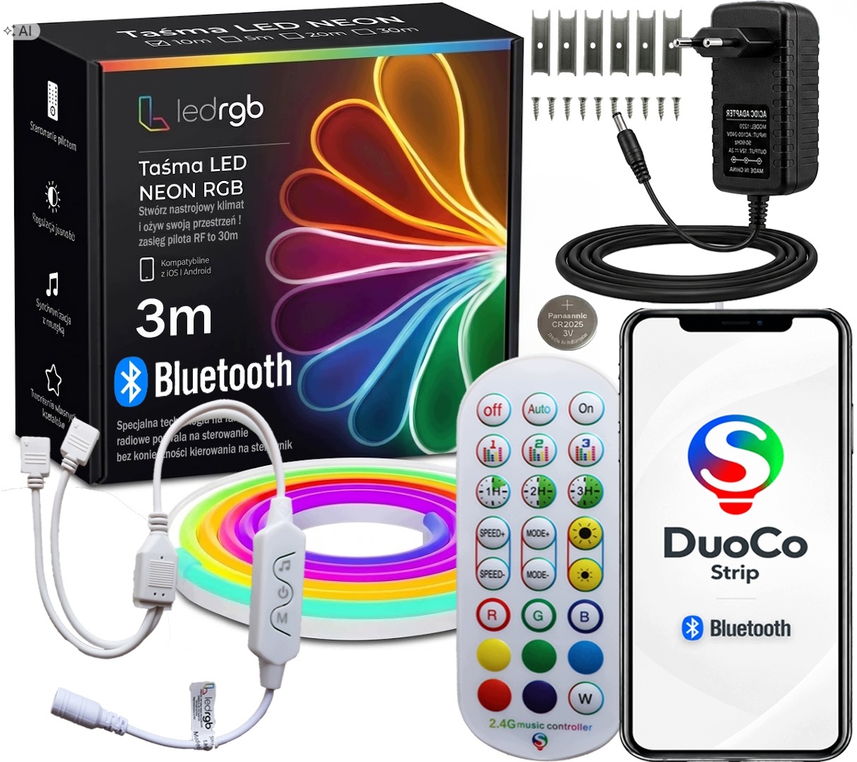 Set Led Pásek Neon 3M (1x3m) Rgb Apka Dálkový Ovladač Rádiový 2.4 Napájecí Zdroj IP67