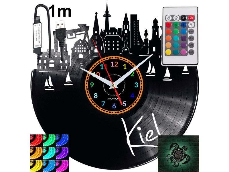 Kiel Nástěnné hodiny podsvícené Led Rgb na dálkové ovládání Vinylová deska Moderní