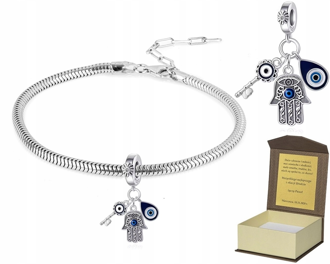 Bransoletka srebrna 19-22cm Charms Ręka Fatimy Oko Proroka BC608