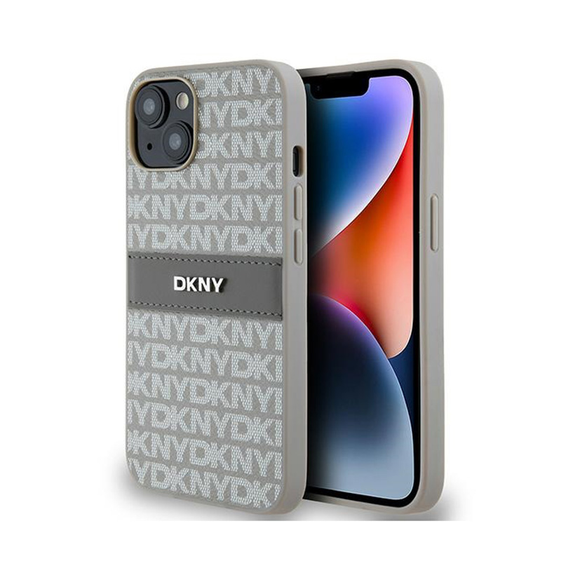 Dkny Leather Mono Stripe & Metal Logo Pouzdro pro iPhone 14 15 13 (béžové)