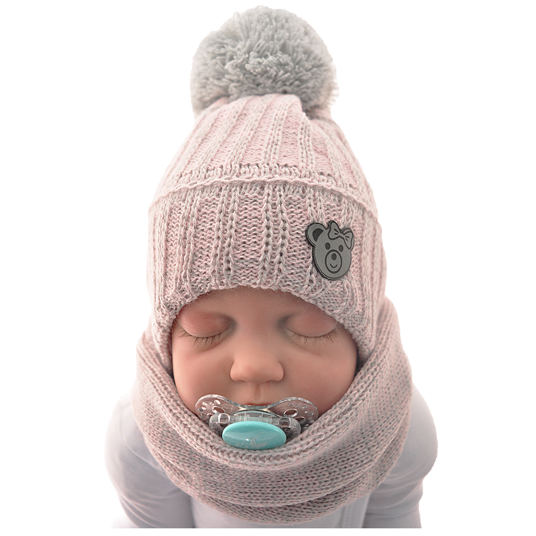 

Szaro-różowy komplet zimowy Łucja czapka+komin 44