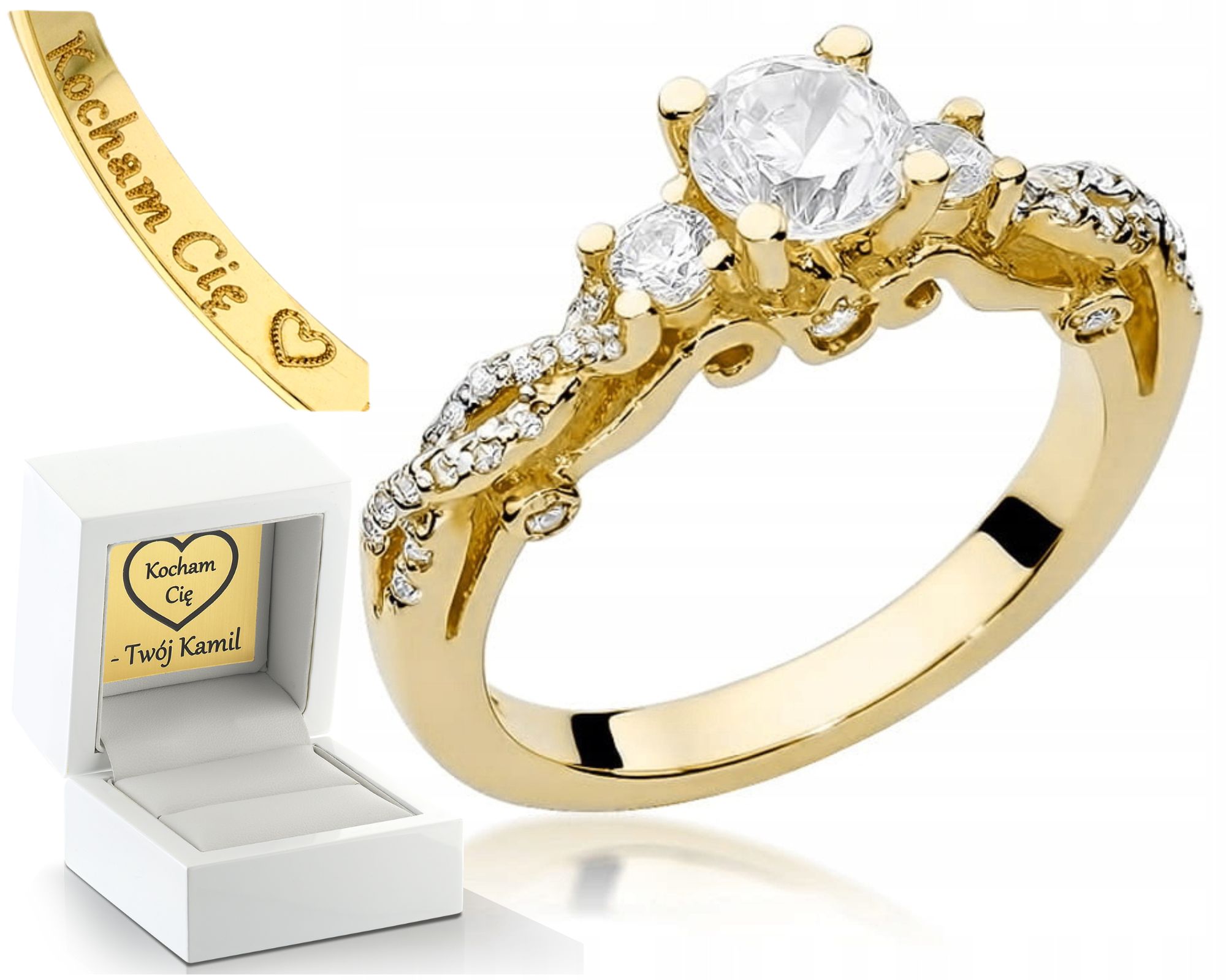 Prstýnek Prsten Ze Žlutého Zlata S Bílým Safírem A Diamanty Gravírování 585