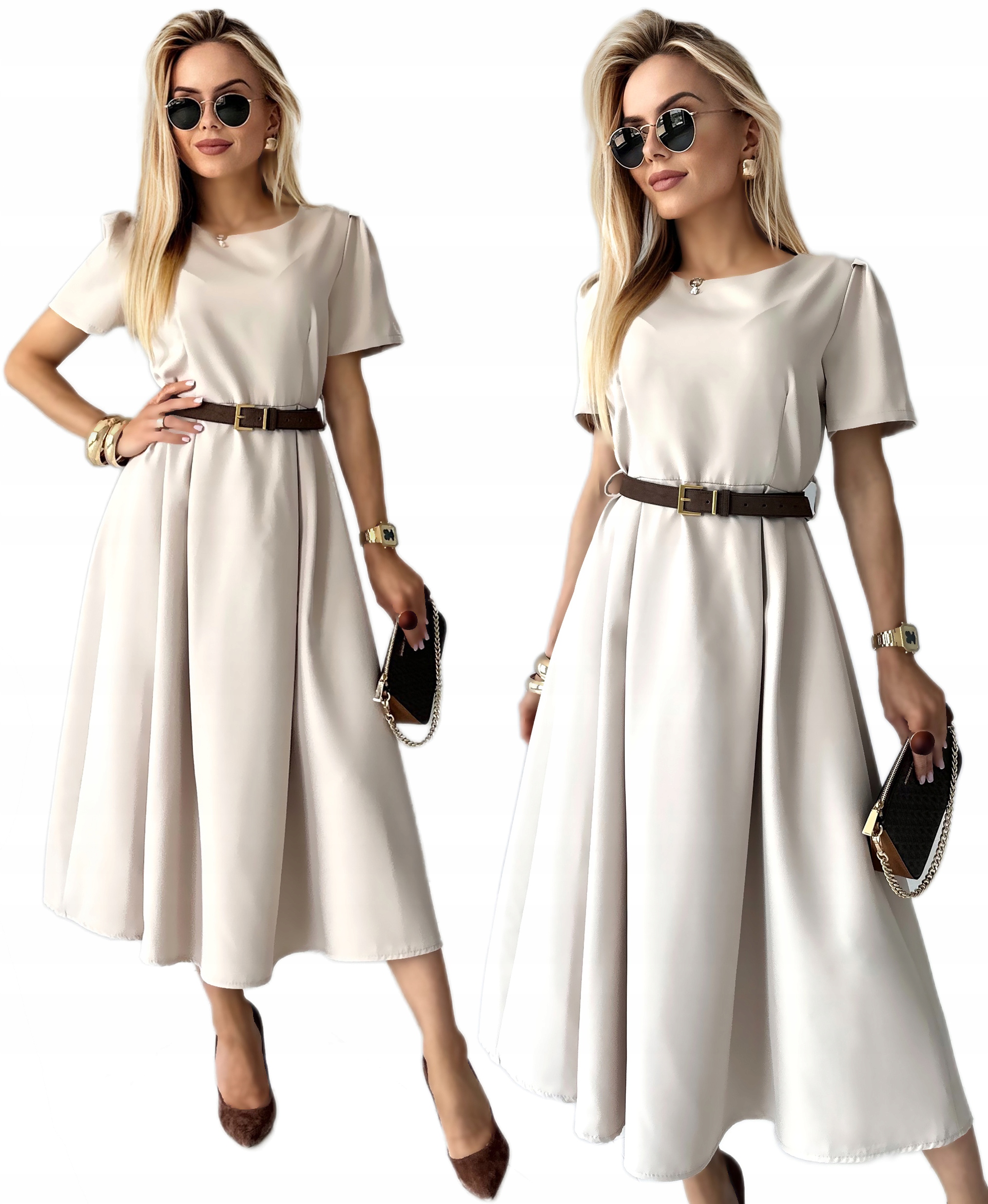 rozkloszowana Sukienka Damska pasek wesele premium Emanuela