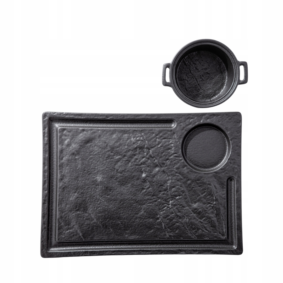 Sada Na Steak Talíř 32,5x23 cm a omáčník 10,5x3,7 cm Černý Porcelán