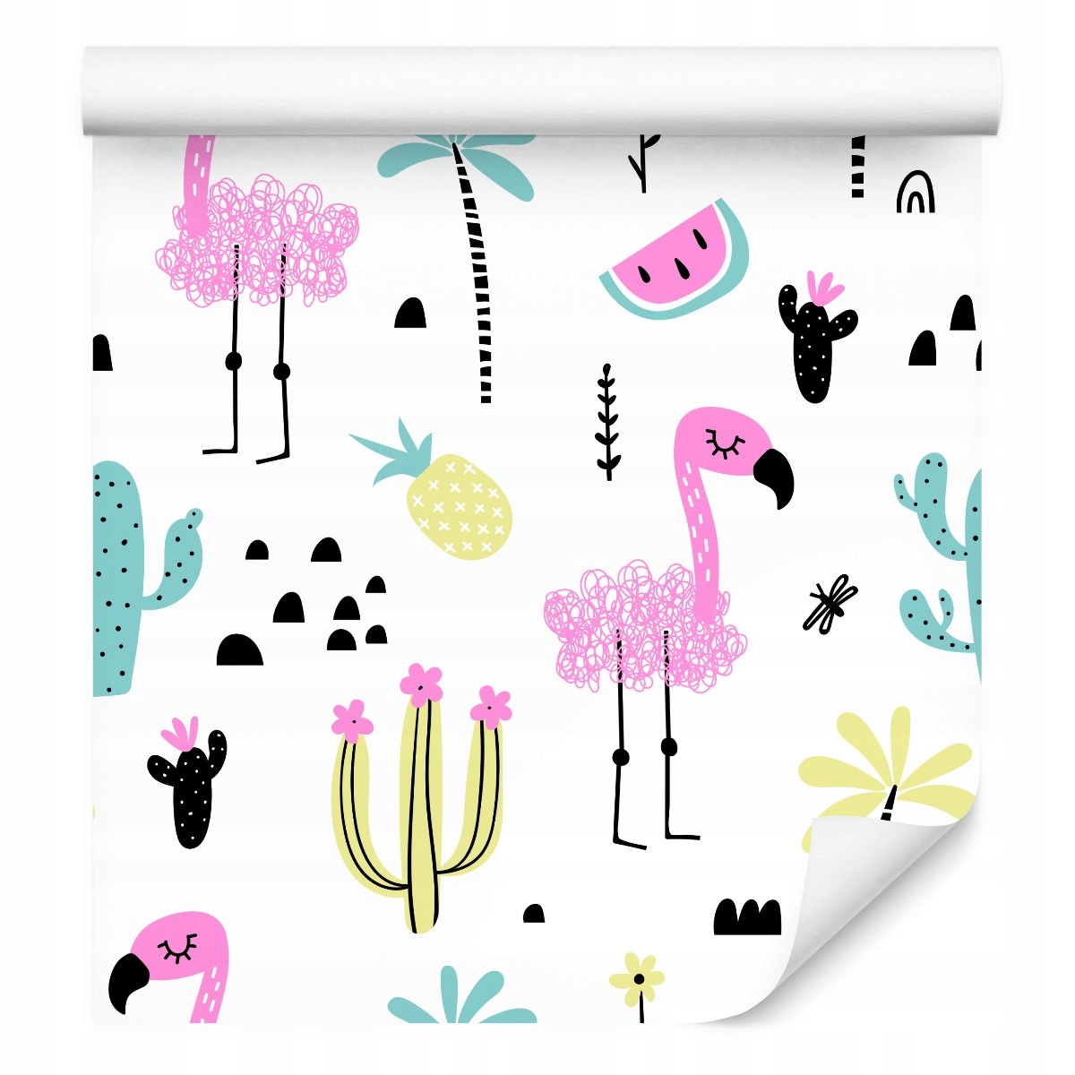 

Tapeta dla Dziewczynki Flamingi Kaktusy Arbuzy